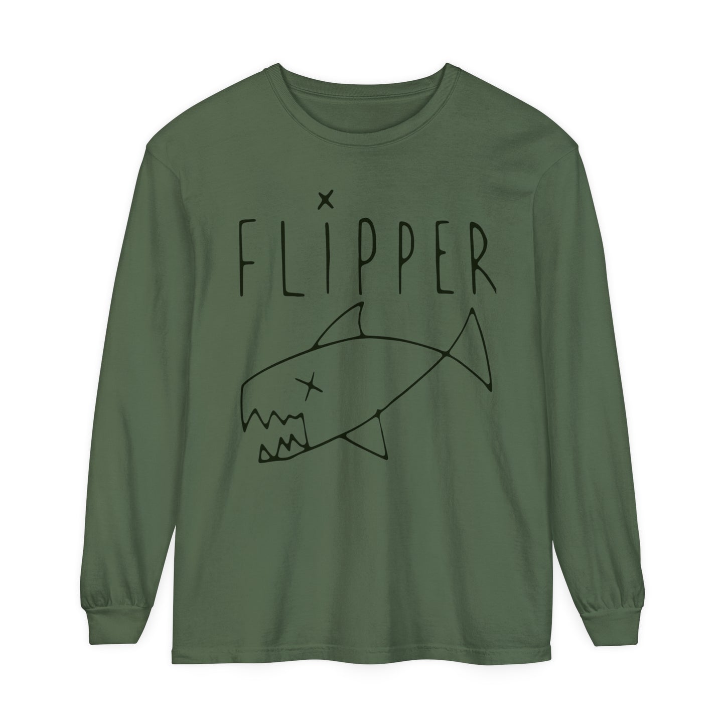 Flipper Hand-Drawn Fish Replica | As Worn By Kurt Cobain | Unisex Garment-dyed Long Sleeve Punk T-Shirt