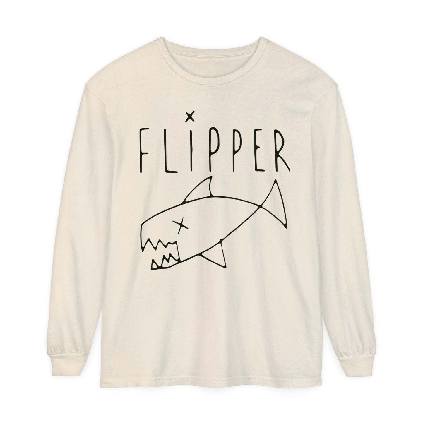 Flipper Hand-Drawn Fish Replica | As Worn By Kurt Cobain | Unisex Garment-dyed Long Sleeve Punk T-Shirt