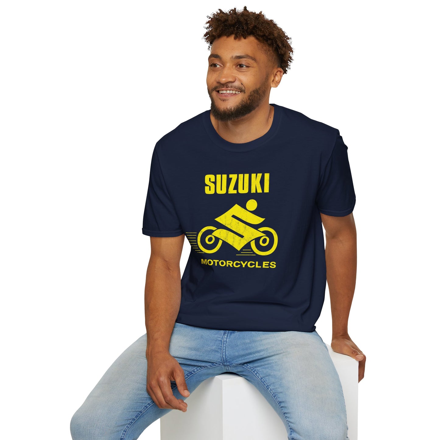 Japanese Motorcycle Racing Man 1960s Vintage Distressed Yellow Logo Unisex Softstyle T-Shirt