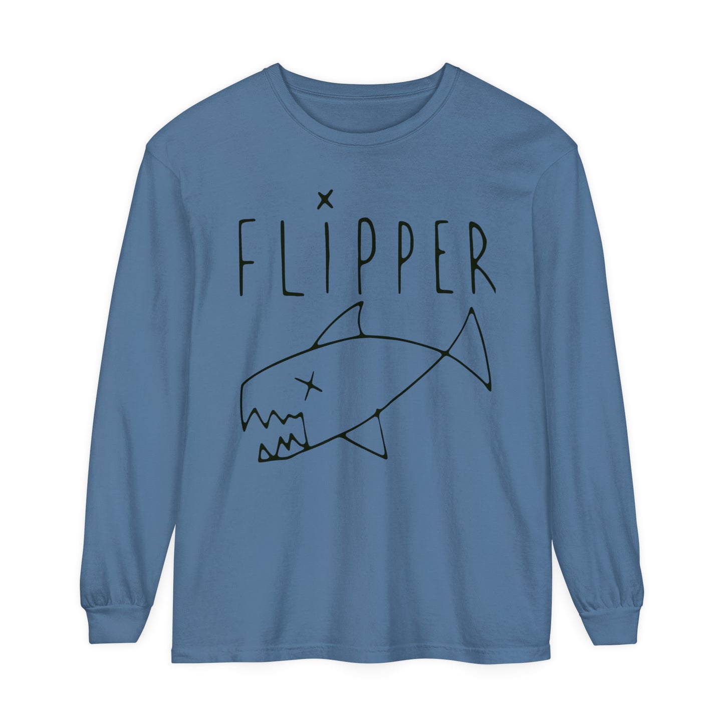 Flipper Hand-Drawn Fish Replica | As Worn By Kurt Cobain | Unisex Garment-dyed Long Sleeve Punk T-Shirt