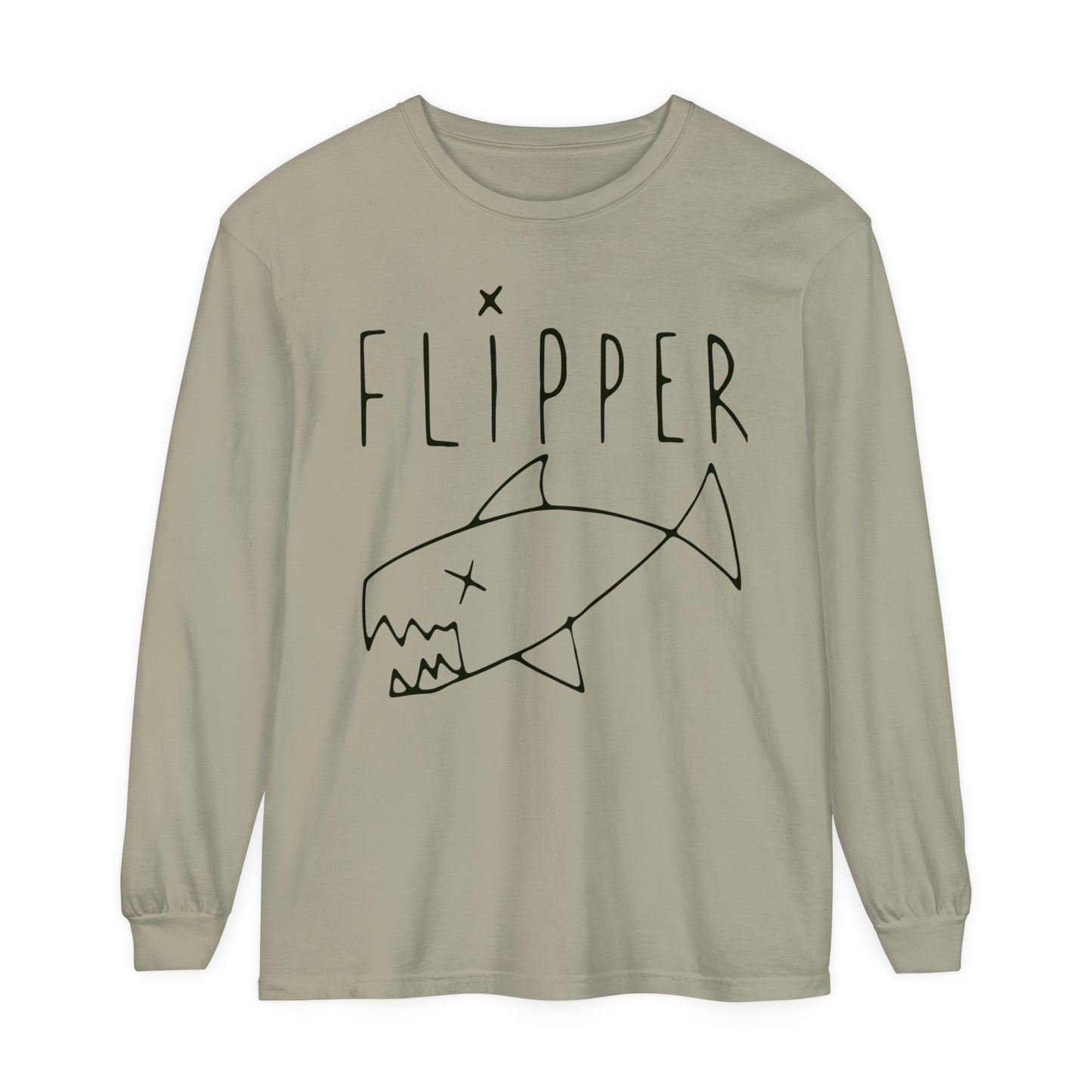 Flipper Hand-Drawn Fish Replica | As Worn By Kurt Cobain | Unisex Garment-dyed Long Sleeve Punk T-Shirt