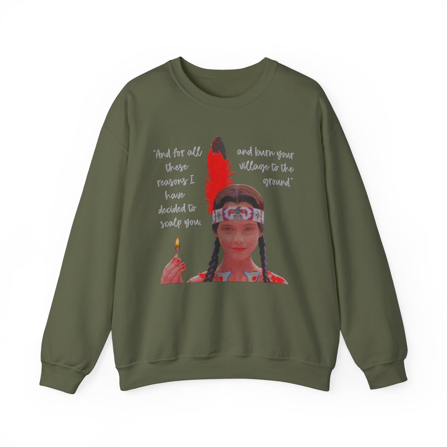 Native American Goth Girl Dark Thanksgiving Play Speech Faux Cross-Stitch Embroidery Unisex Heavy Blend Crewneck Sweatshirt