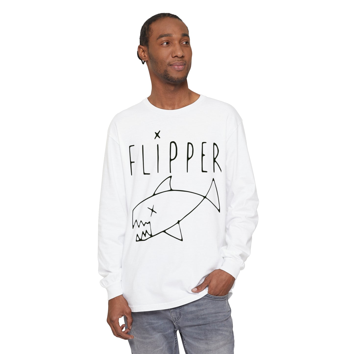 Flipper Hand-Drawn Fish Replica | As Worn By Kurt Cobain | Unisex Garment-dyed Long Sleeve Punk T-Shirt