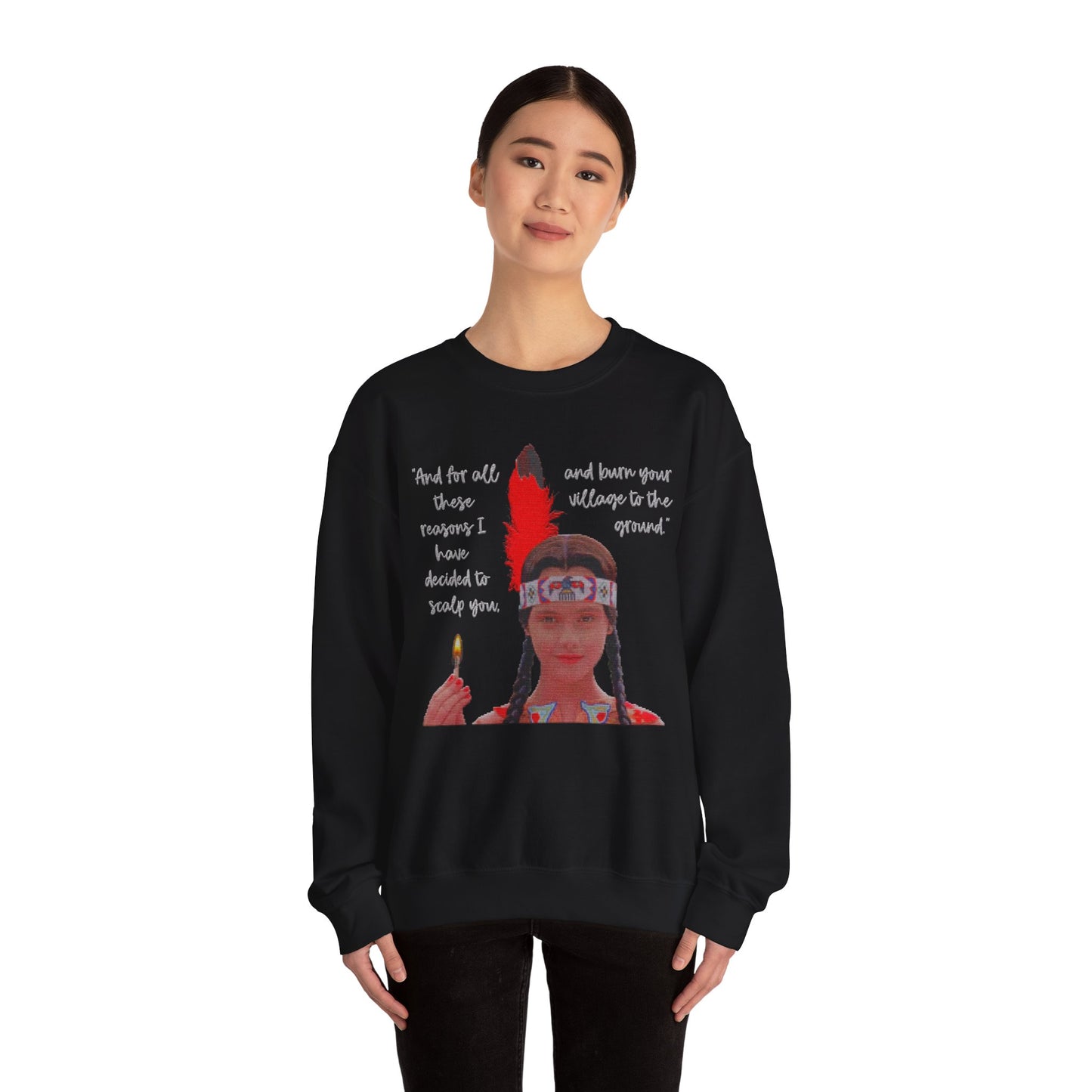 Native American Goth Girl Dark Thanksgiving Play Speech Faux Cross-Stitch Embroidery Unisex Heavy Blend Crewneck Sweatshirt