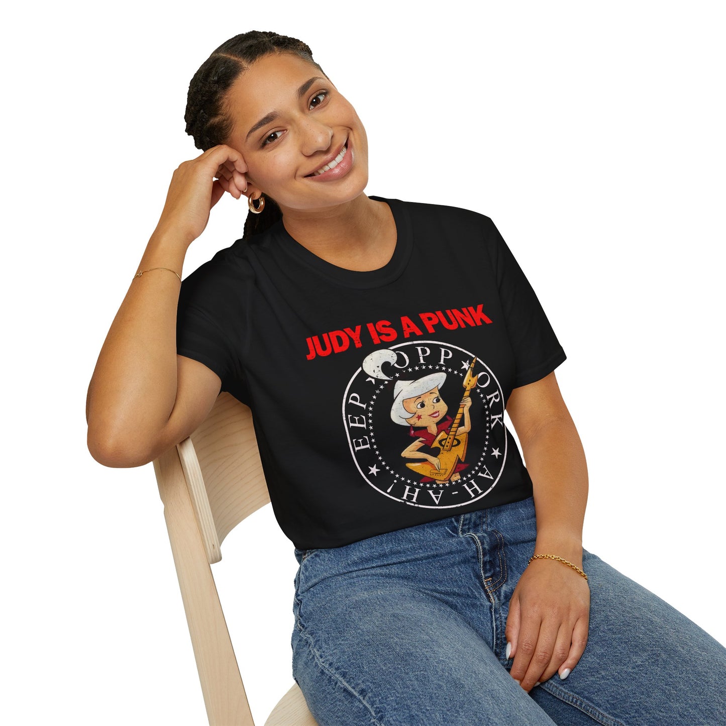 JUDY IS A PUNK Rock Cartoon Parody Distressed Unisex Softstyle T-Shirt