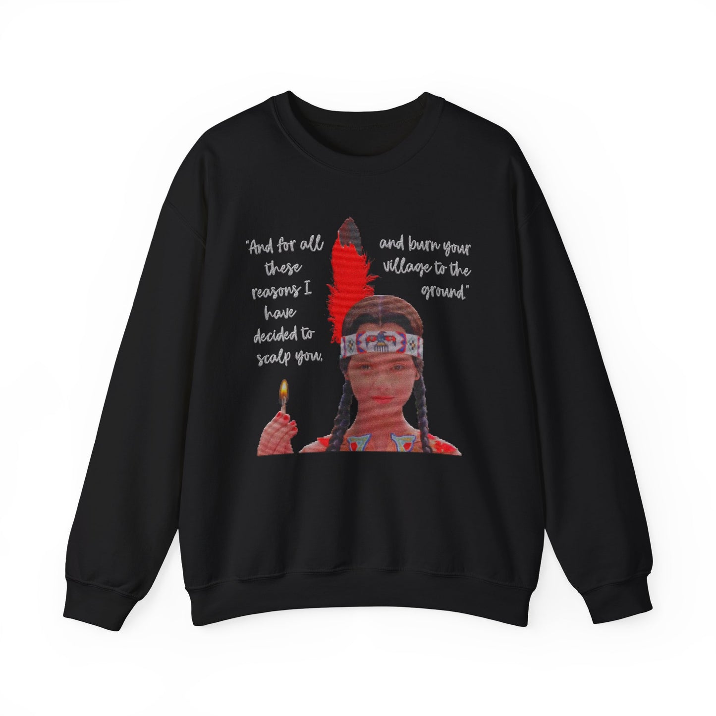 Native American Goth Girl Dark Thanksgiving Play Speech Faux Cross-Stitch Embroidery Unisex Heavy Blend Crewneck Sweatshirt