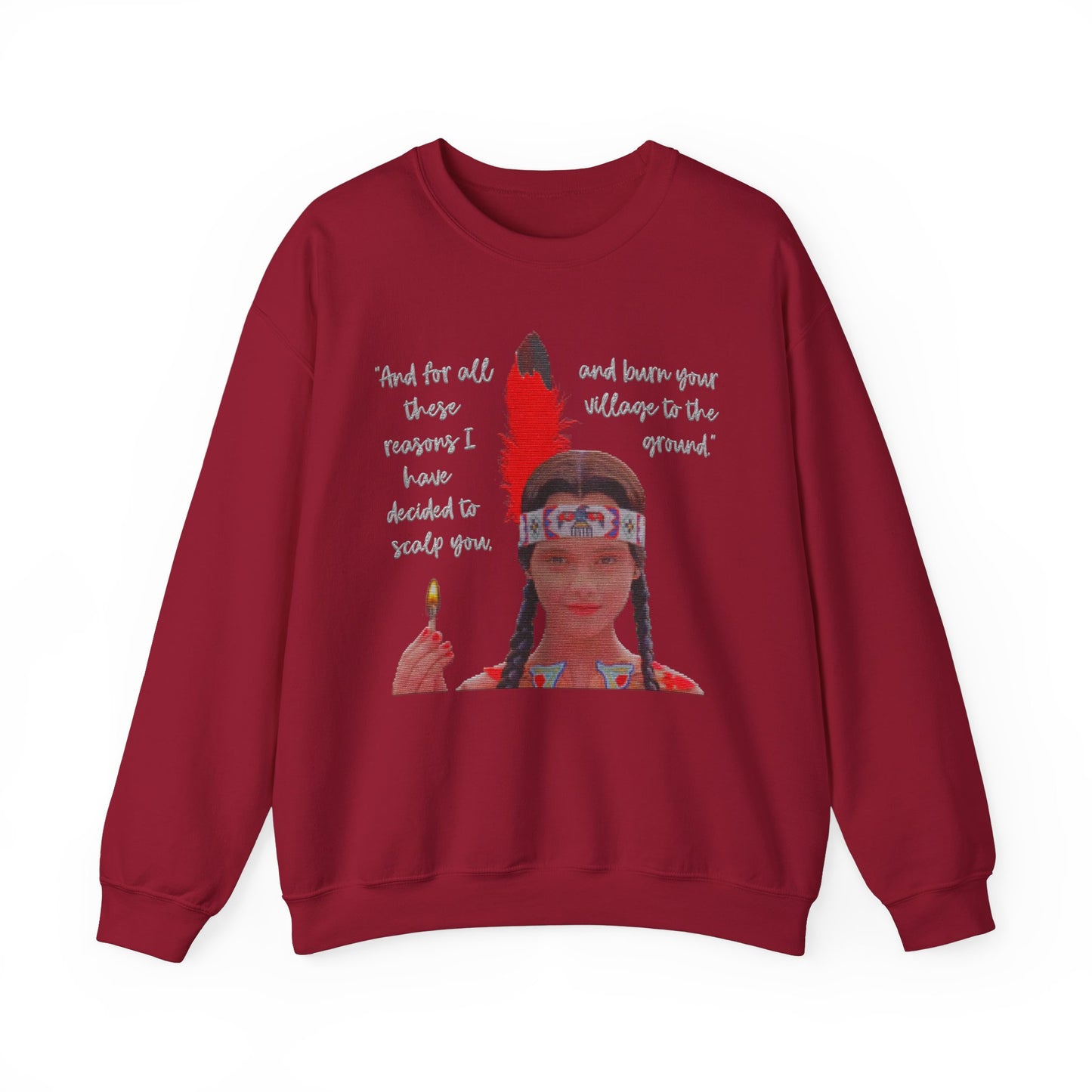 Native American Goth Girl Dark Thanksgiving Play Speech Faux Cross-Stitch Embroidery Unisex Heavy Blend Crewneck Sweatshirt