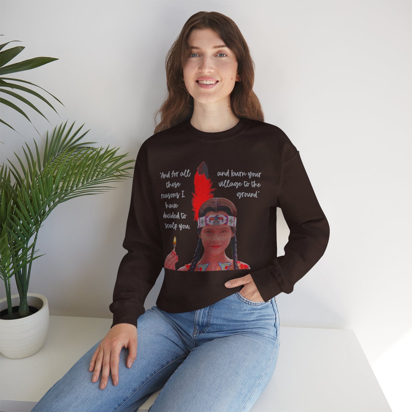 Native American Goth Girl Dark Thanksgiving Play Speech Faux Cross-Stitch Embroidery Unisex Heavy Blend Crewneck Sweatshirt