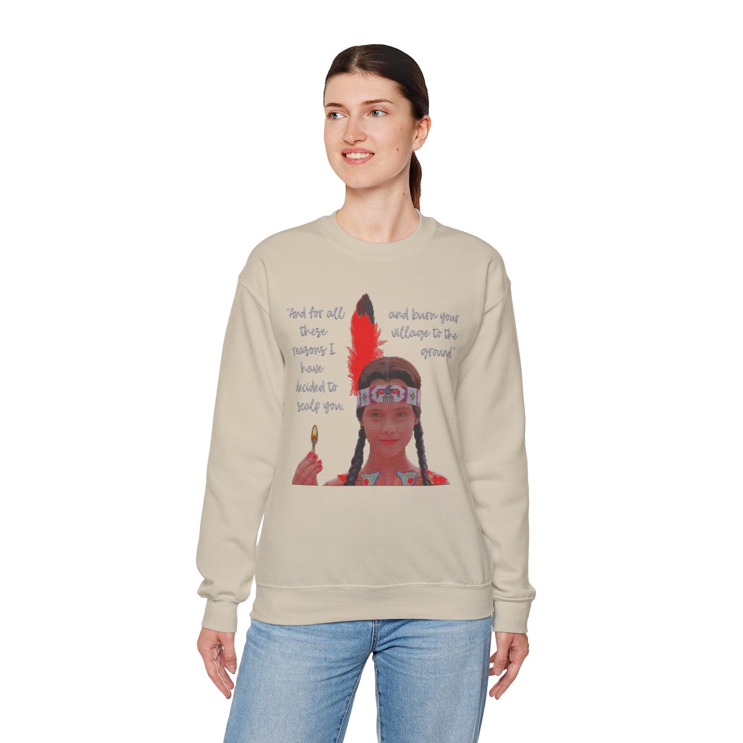 Native American Goth Girl Dark Thanksgiving Play Speech Faux Cross-Stitch Embroidery Unisex Heavy Blend Crewneck Sweatshirt