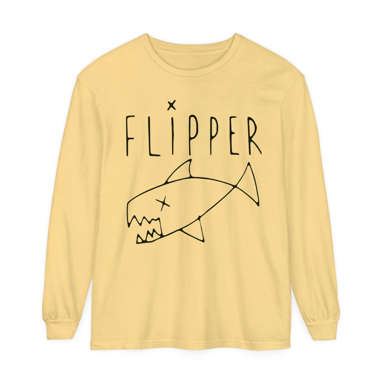 Flipper Hand-Drawn Fish Replica | As Worn By Kurt Cobain | Unisex Garment-dyed Long Sleeve Punk T-Shirt