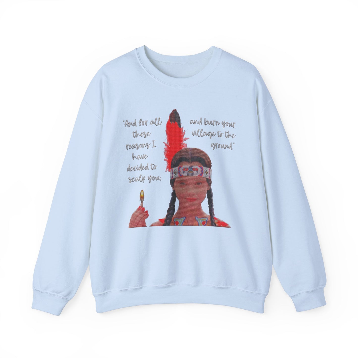 Native American Goth Girl Dark Thanksgiving Play Speech Faux Cross-Stitch Embroidery Unisex Heavy Blend Crewneck Sweatshirt
