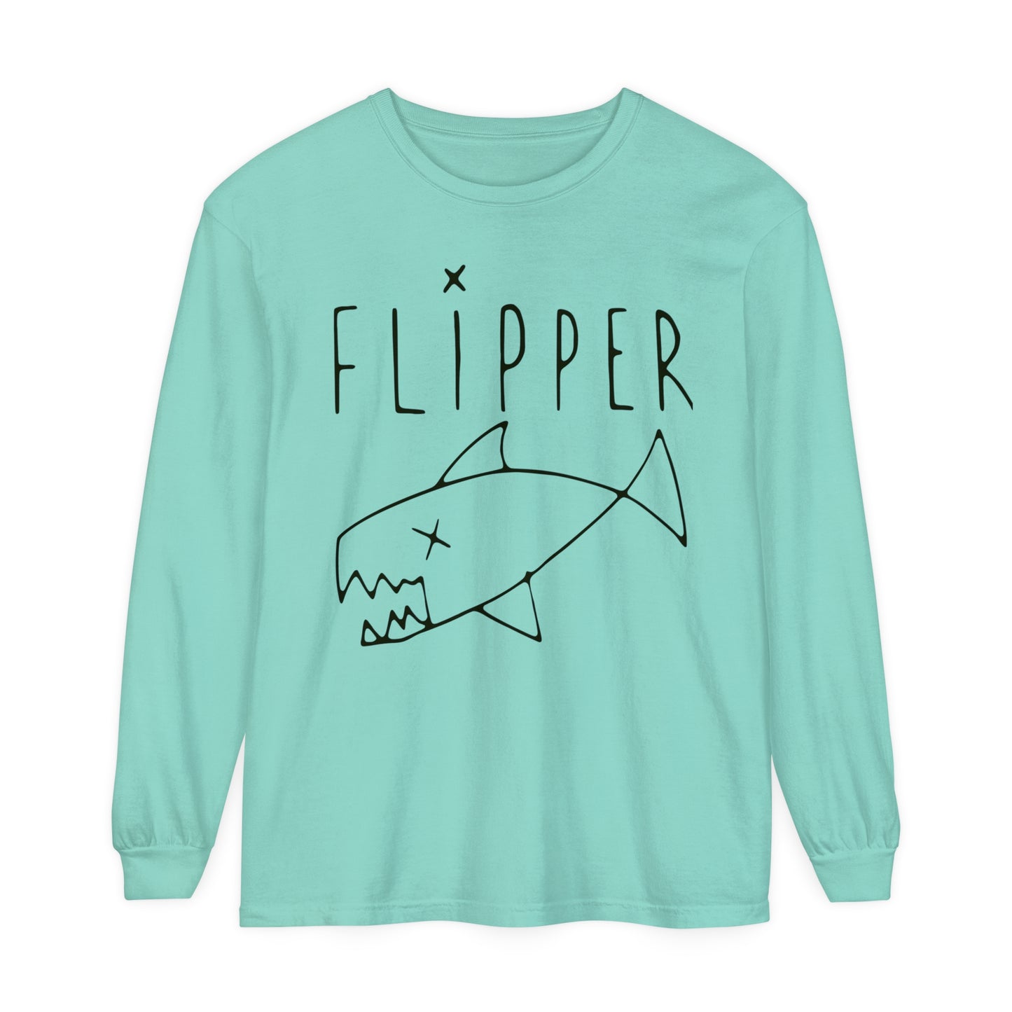 Flipper Hand-Drawn Fish Replica | As Worn By Kurt Cobain | Unisex Garment-dyed Long Sleeve Punk T-Shirt