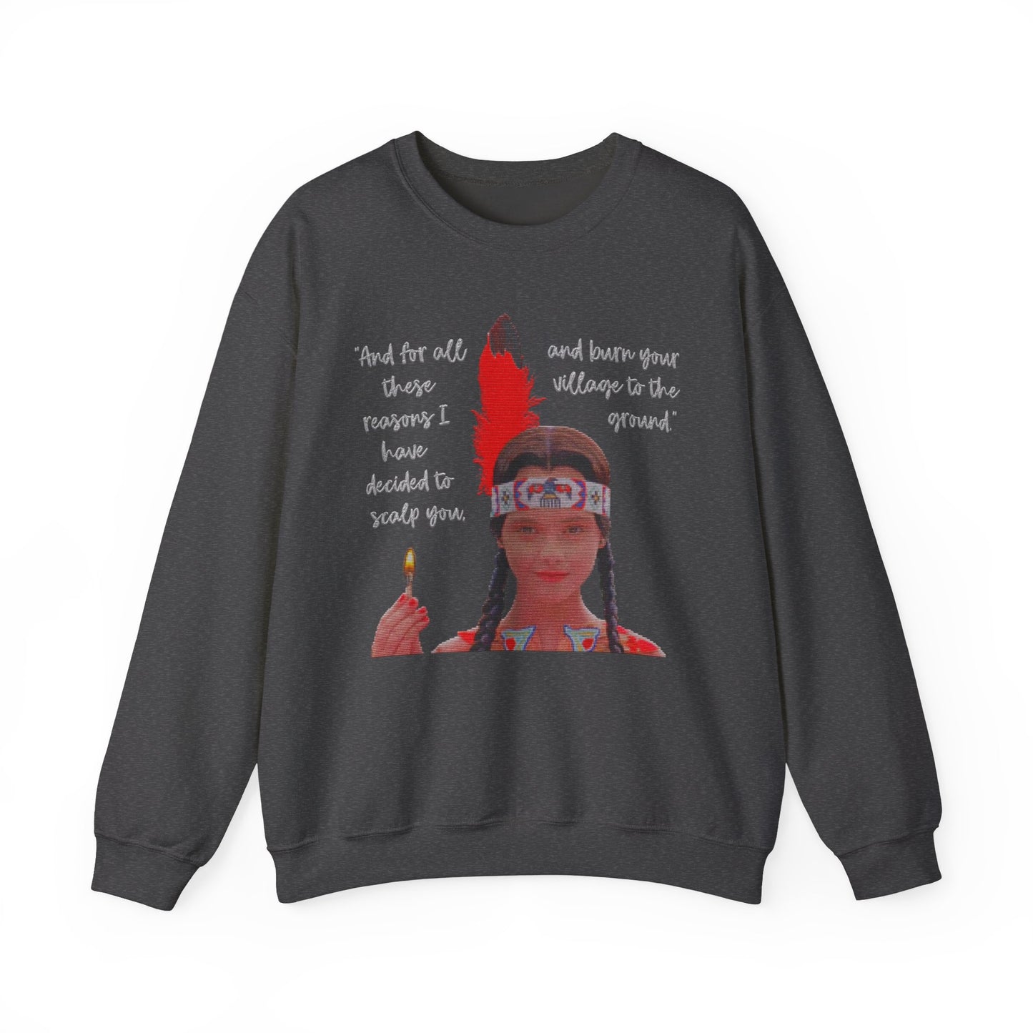 Native American Goth Girl Dark Thanksgiving Play Speech Faux Cross-Stitch Embroidery Unisex Heavy Blend Crewneck Sweatshirt