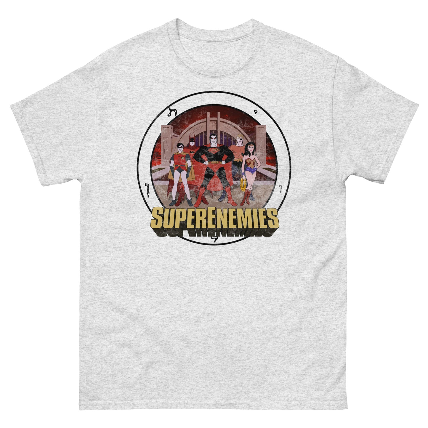 SUPER ENEMIES Mirror Universe Evil Superheroes | Vintage Distressed Cartoon Tee