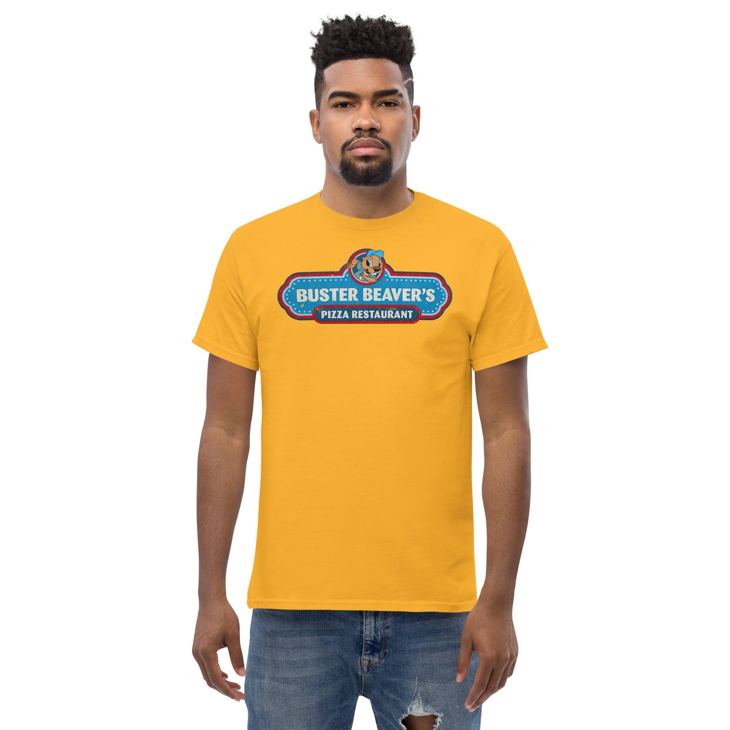 Buster Beaver’s Pizza Restaurant Parody Logo Distressed Unisex Classic Tee