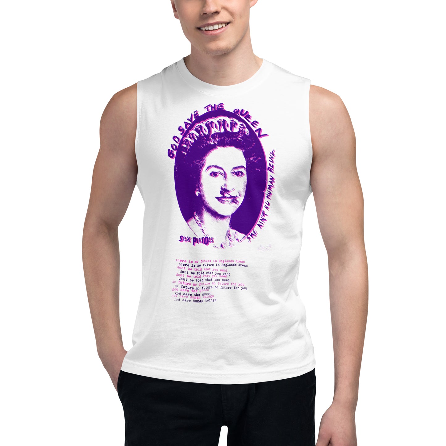 God Save the Queen Elizabeth II Punk Rock No Future Distressed Muscle Shirt