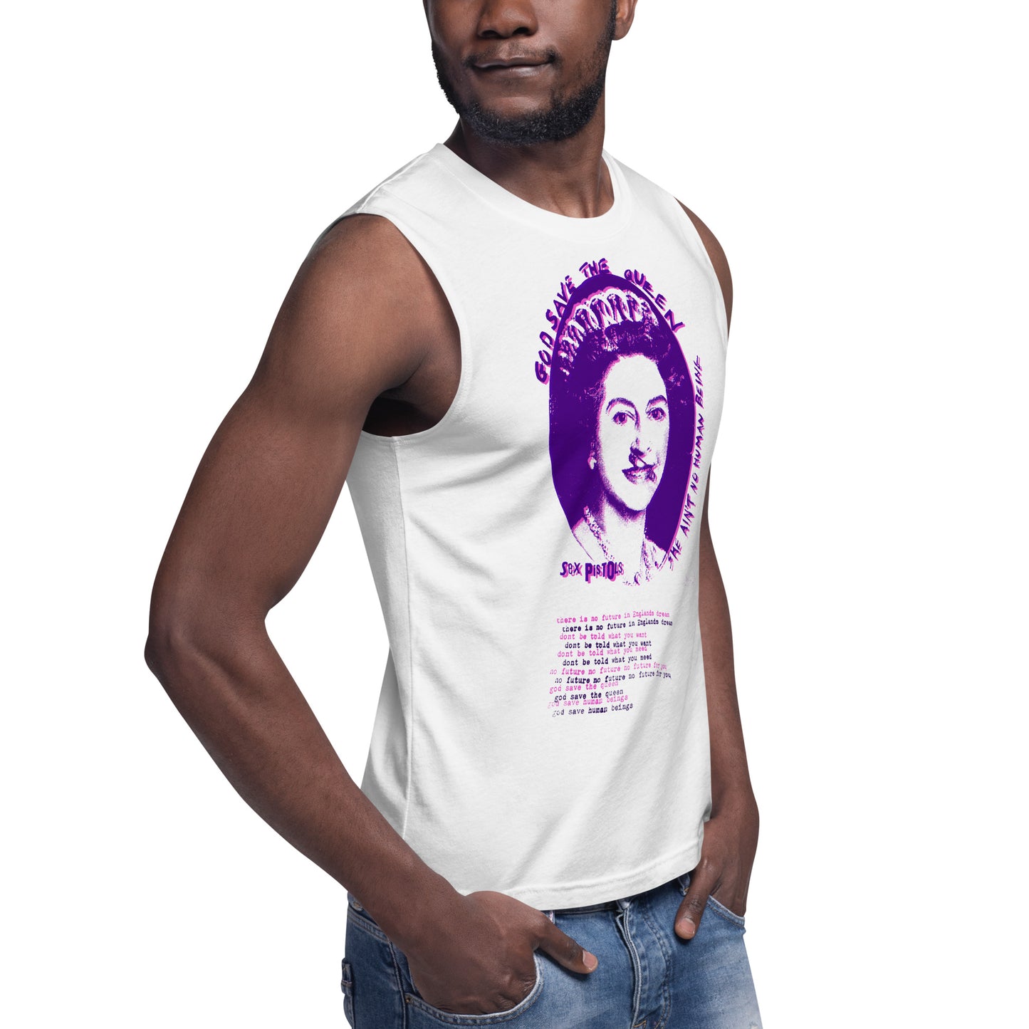 God Save the Queen Elizabeth II Punk Rock No Future Distressed Muscle Shirt