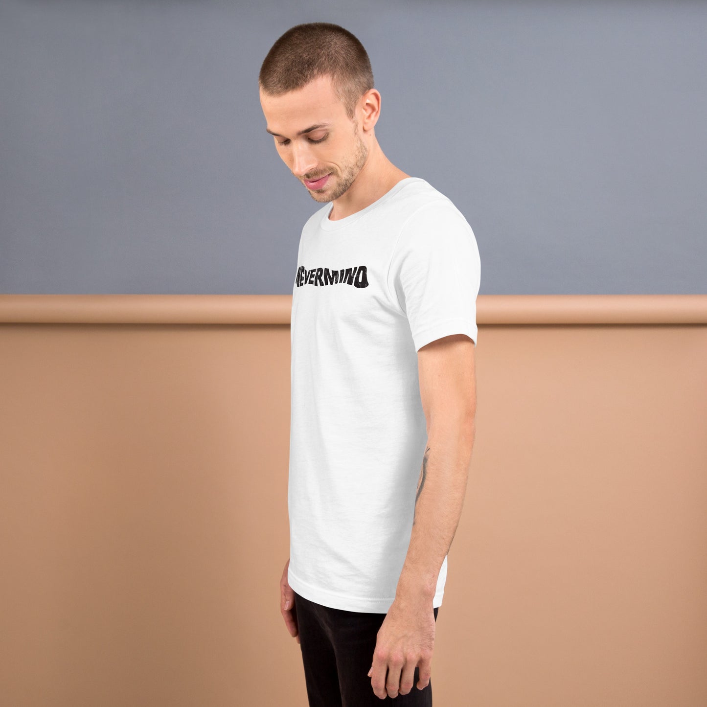 Nevermind Distressed Wordmark Grunge-Inspired Minimalist Sofstyle Tee