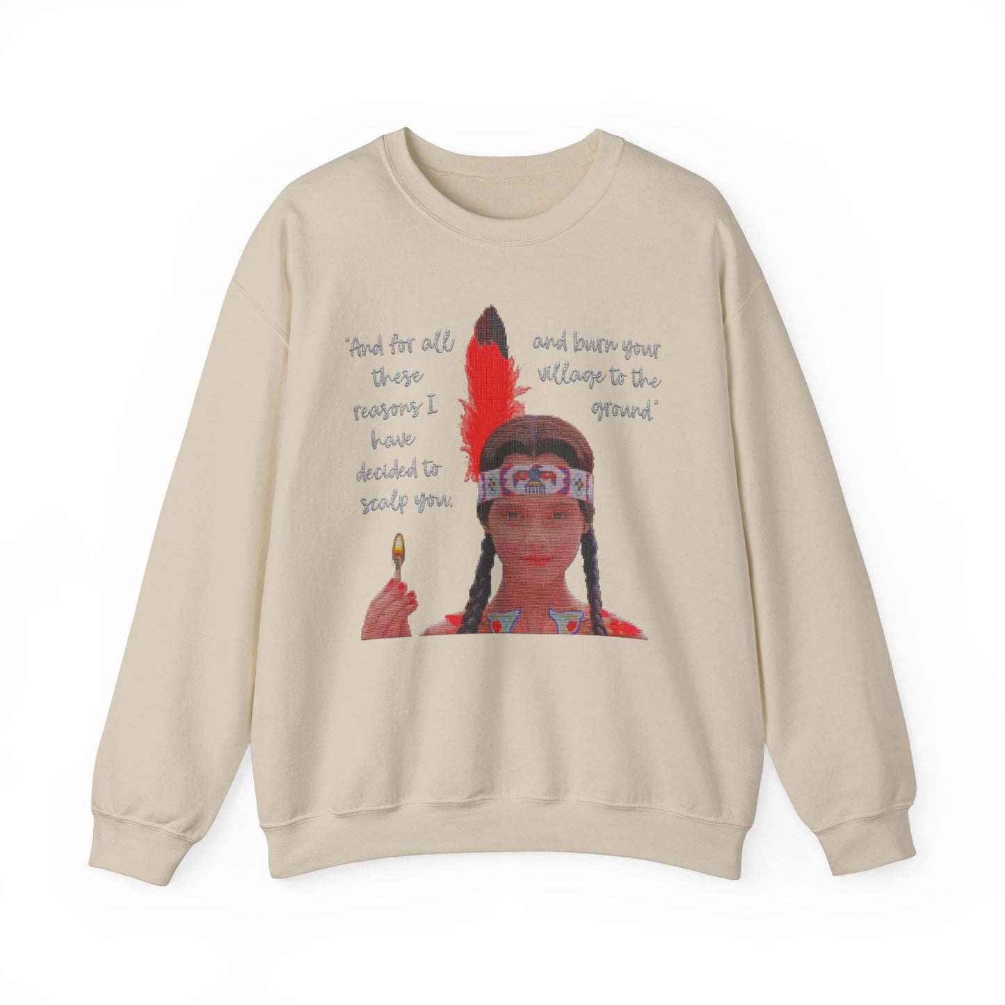 Native American Goth Girl Dark Thanksgiving Play Speech Faux Cross-Stitch Embroidery Unisex Heavy Blend Crewneck Sweatshirt
