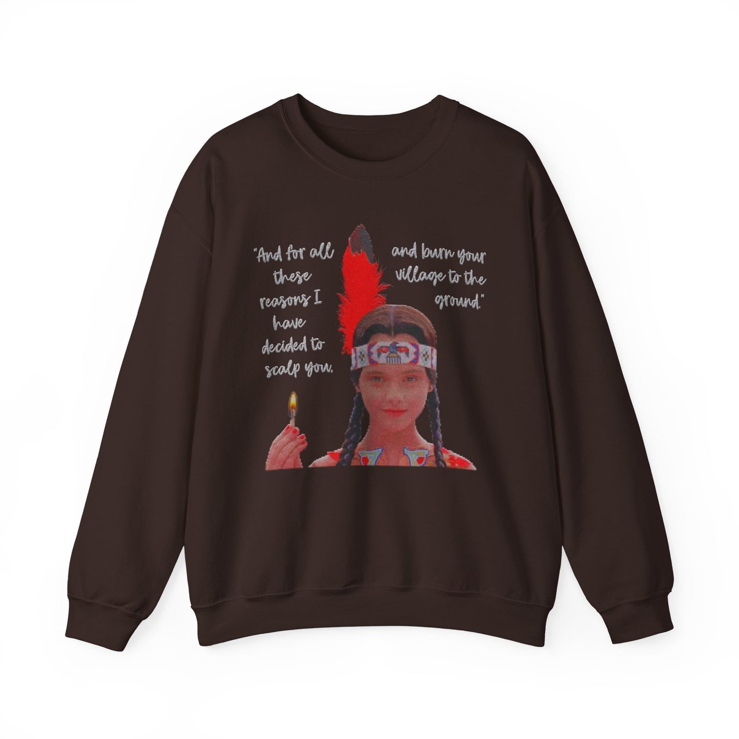 Native American Goth Girl Dark Thanksgiving Play Speech Faux Cross-Stitch Embroidery Unisex Heavy Blend Crewneck Sweatshirt