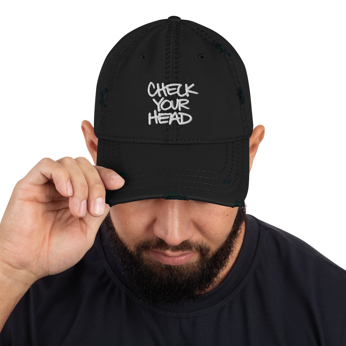CHECK YOUR HEAD Embroidered Distressed Hat | Classic Hip Hop Streetwear Mental Health Awareness Cap