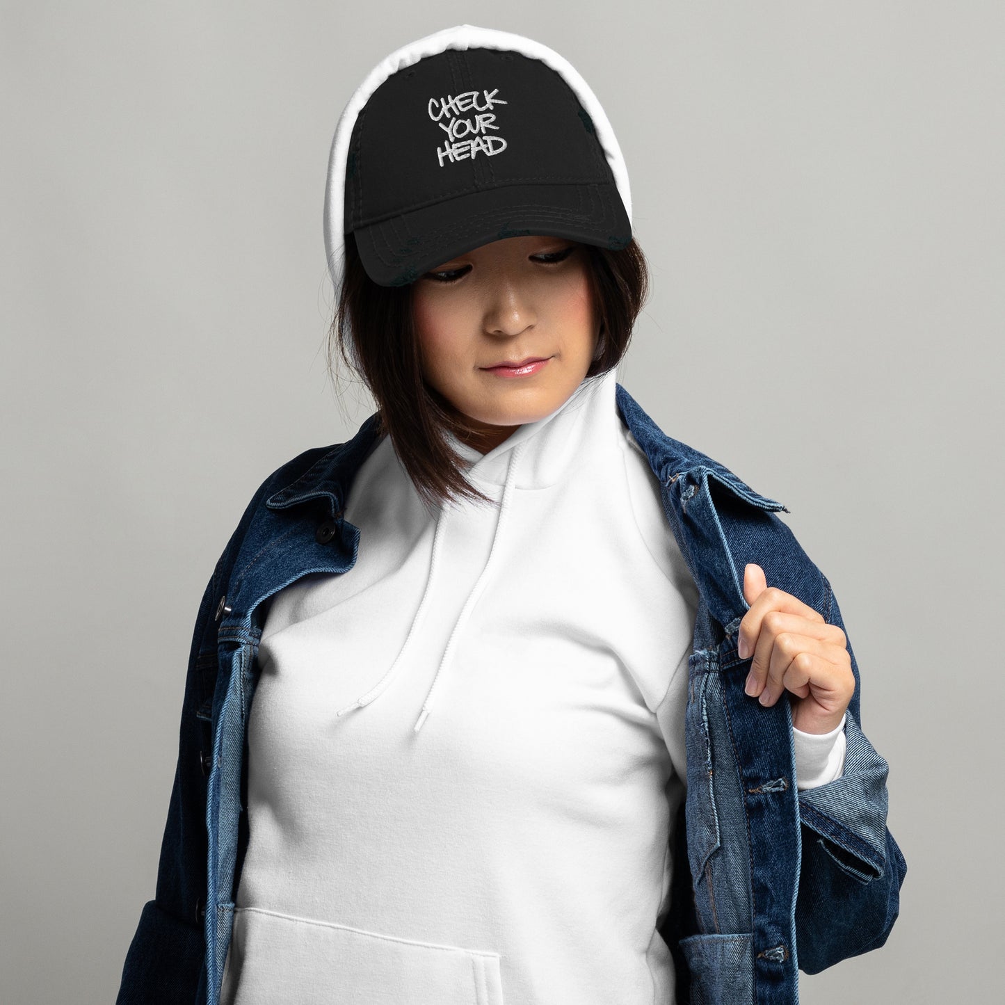 CHECK YOUR HEAD Embroidered Distressed Hat | Classic Hip Hop Streetwear Mental Health Awareness Cap