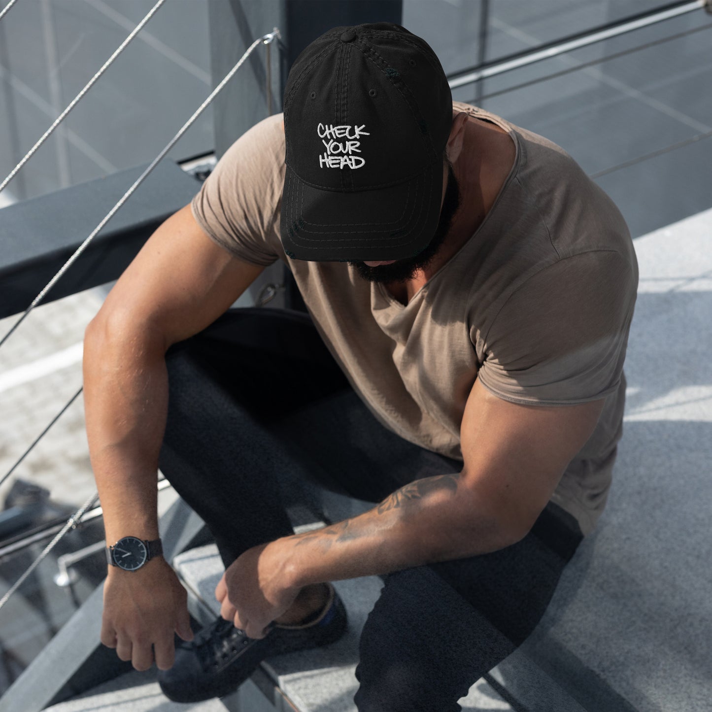 CHECK YOUR HEAD Embroidered Distressed Hat | Classic Hip Hop Streetwear Mental Health Awareness Cap