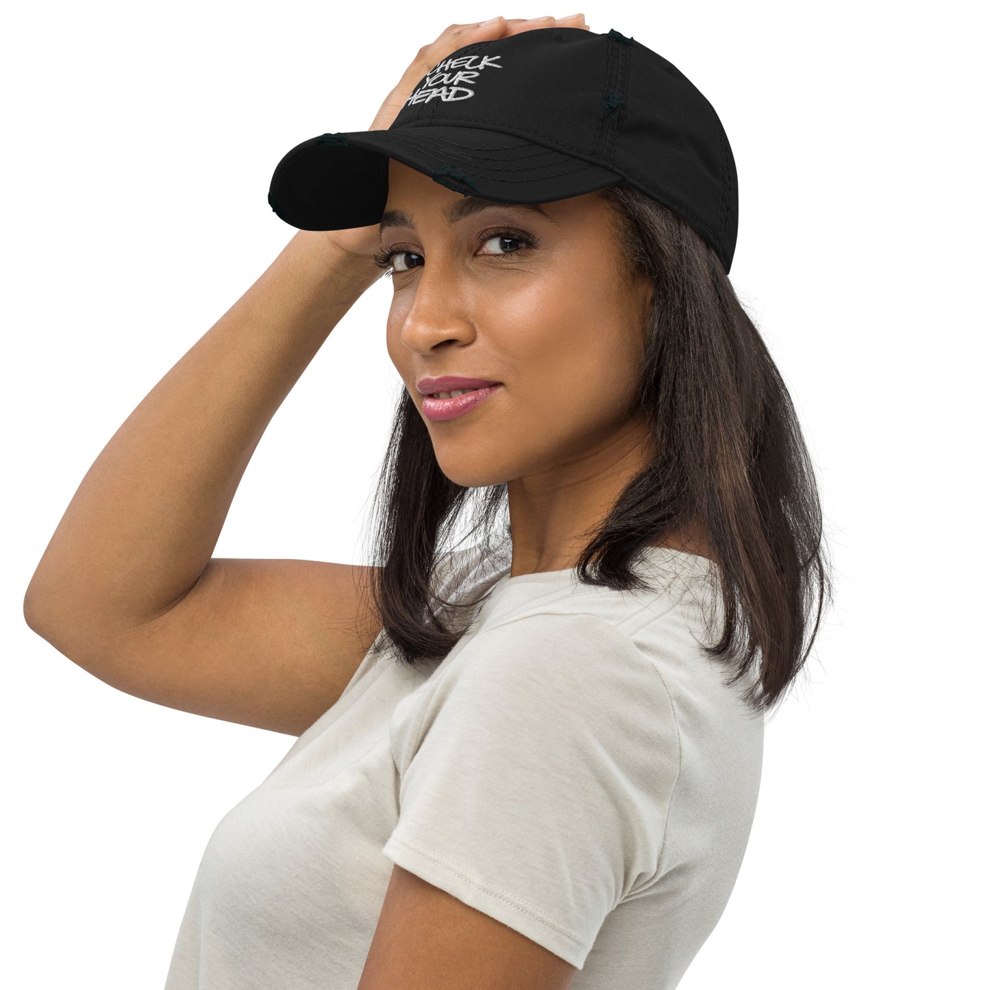 CHECK YOUR HEAD Embroidered Distressed Hat | Classic Hip Hop Streetwear Mental Health Awareness Cap