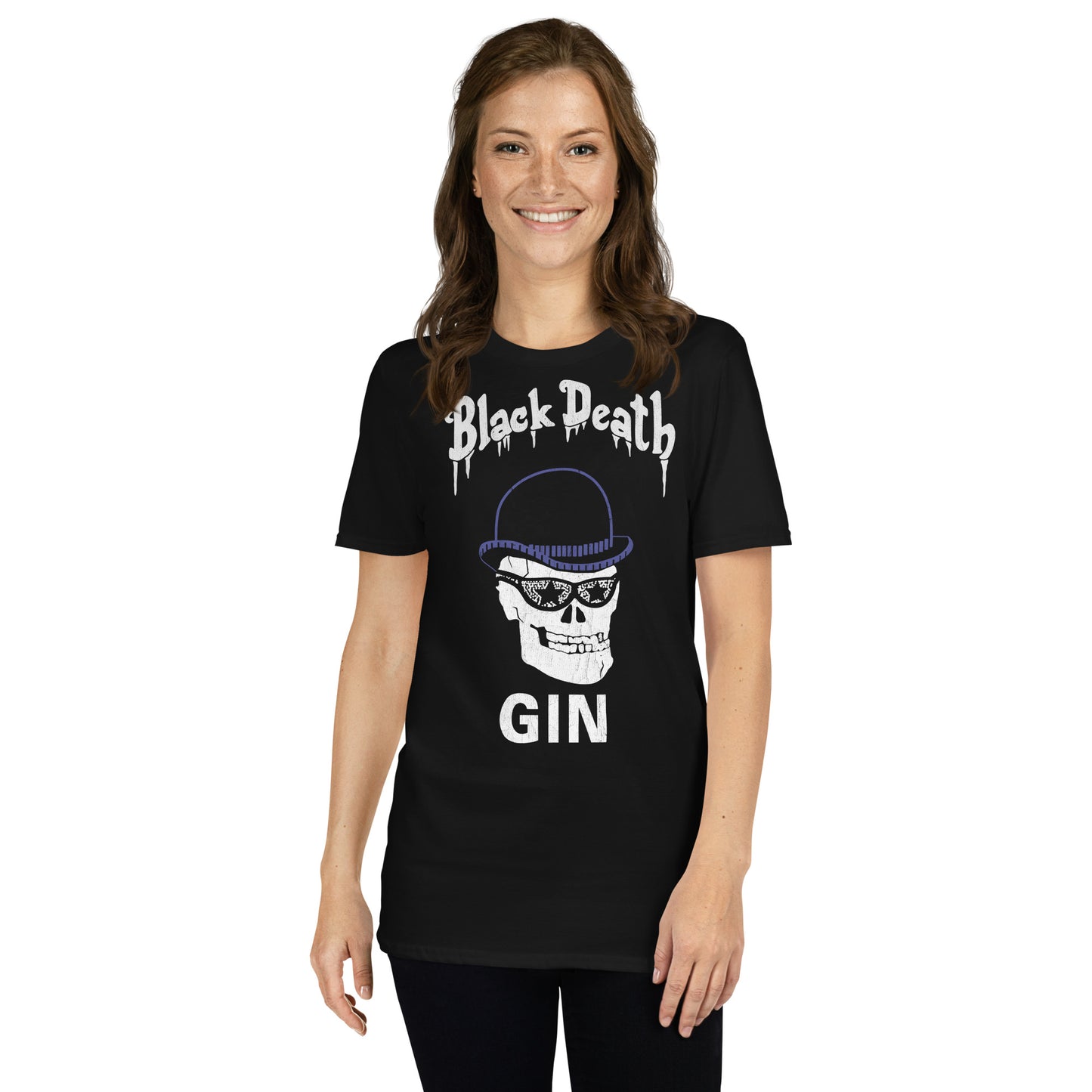 BD Gin Bowler Hat and Sunglasses Skull | Distressed Softstyle Unisex T-Shirt