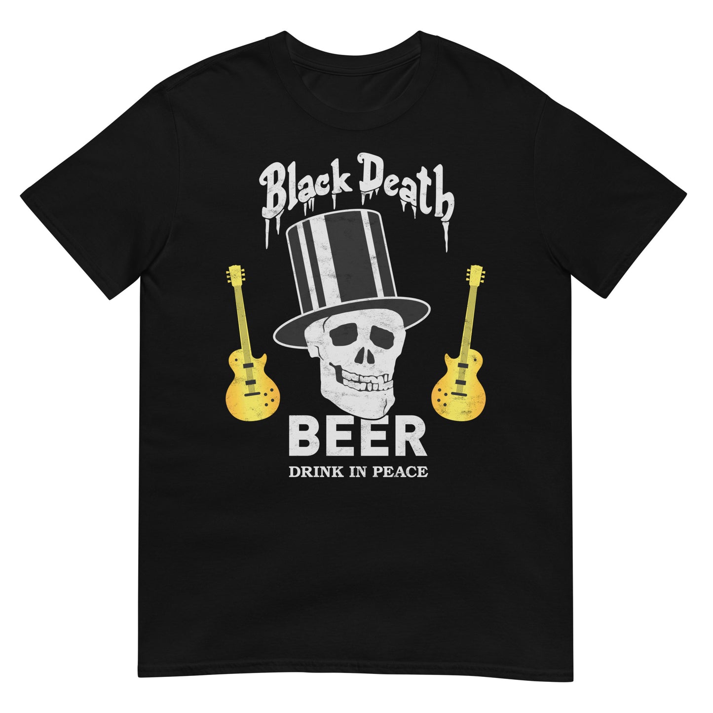 BD Beer Dual Guitars Top Hat Skull | Drink in Peace Distressed Softstyle Unisex T-Shirt