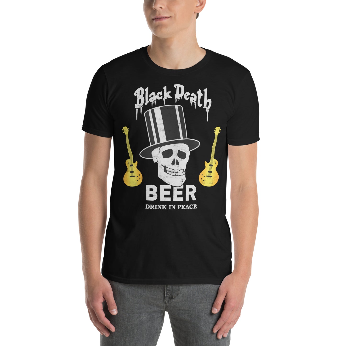 BD Beer Dual Guitars Top Hat Skull | Drink in Peace Distressed Softstyle Unisex T-Shirt