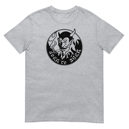BORN TO BURN 80s Horror Devil Logo Stooge Cosplay Distressed Unisex T-Shirt