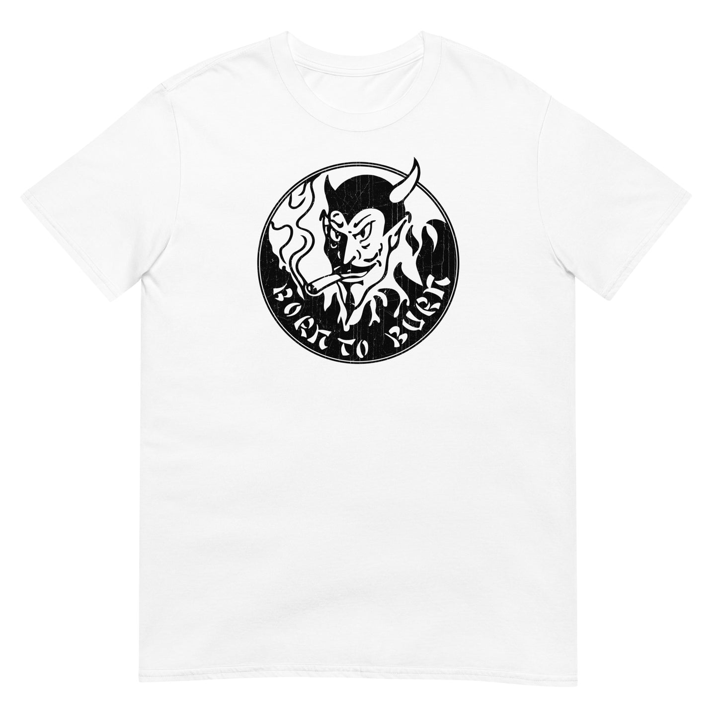 BORN TO BURN 80s Horror Devil Logo Stooge Cosplay Distressed Unisex T-Shirt