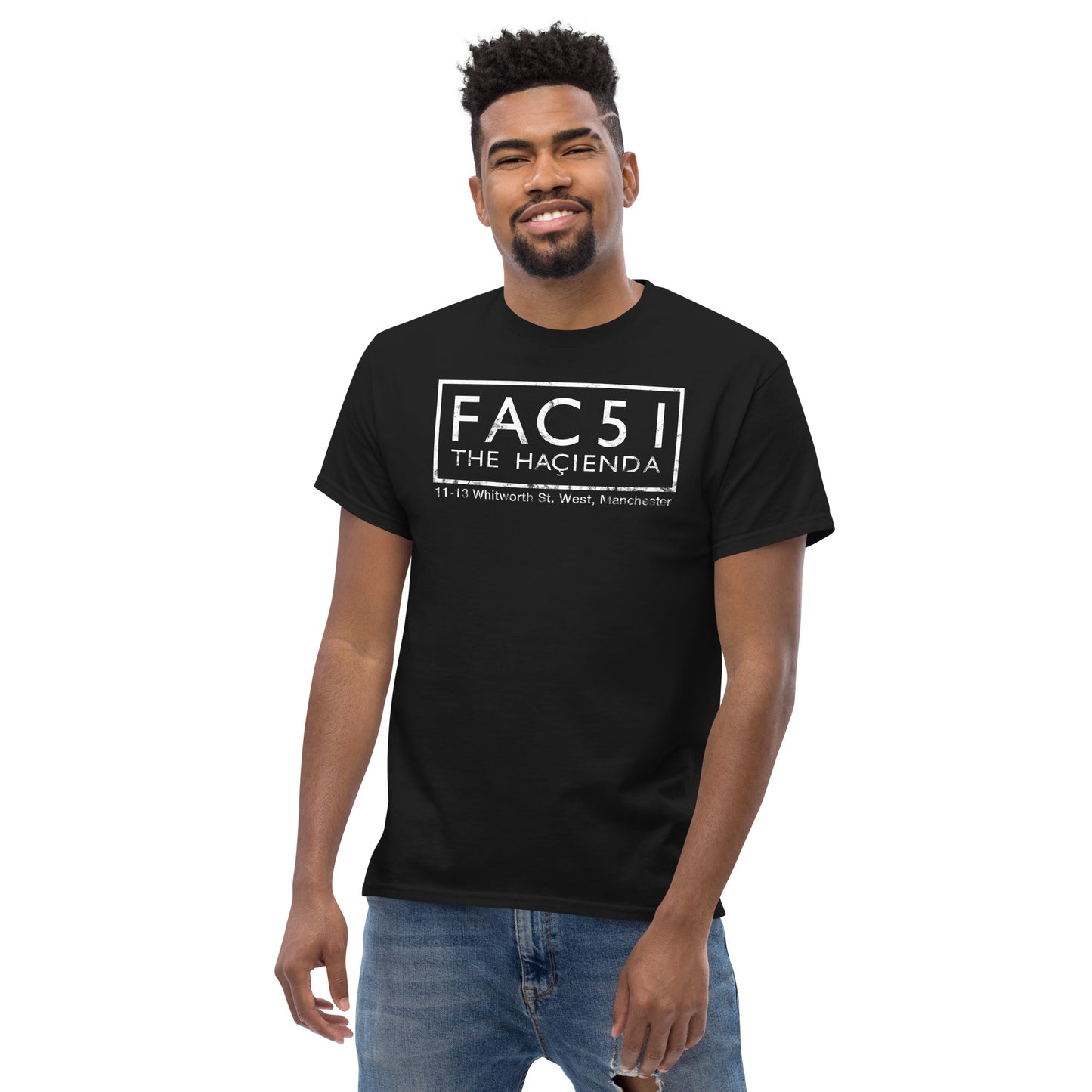 FAC 51 The Haçienda Distressed (White) Manchester Club Logo Unisex Classic Tee