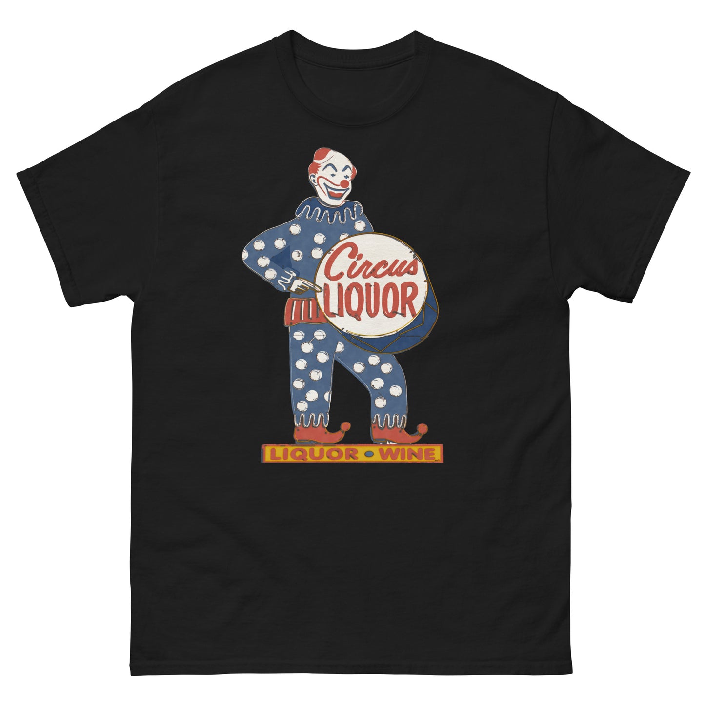 Neon Clown Liquor Sign Vintage Halftone T-Shirt | Retro Los Angeles LA Landmark Graphic Unisex Classic Tee