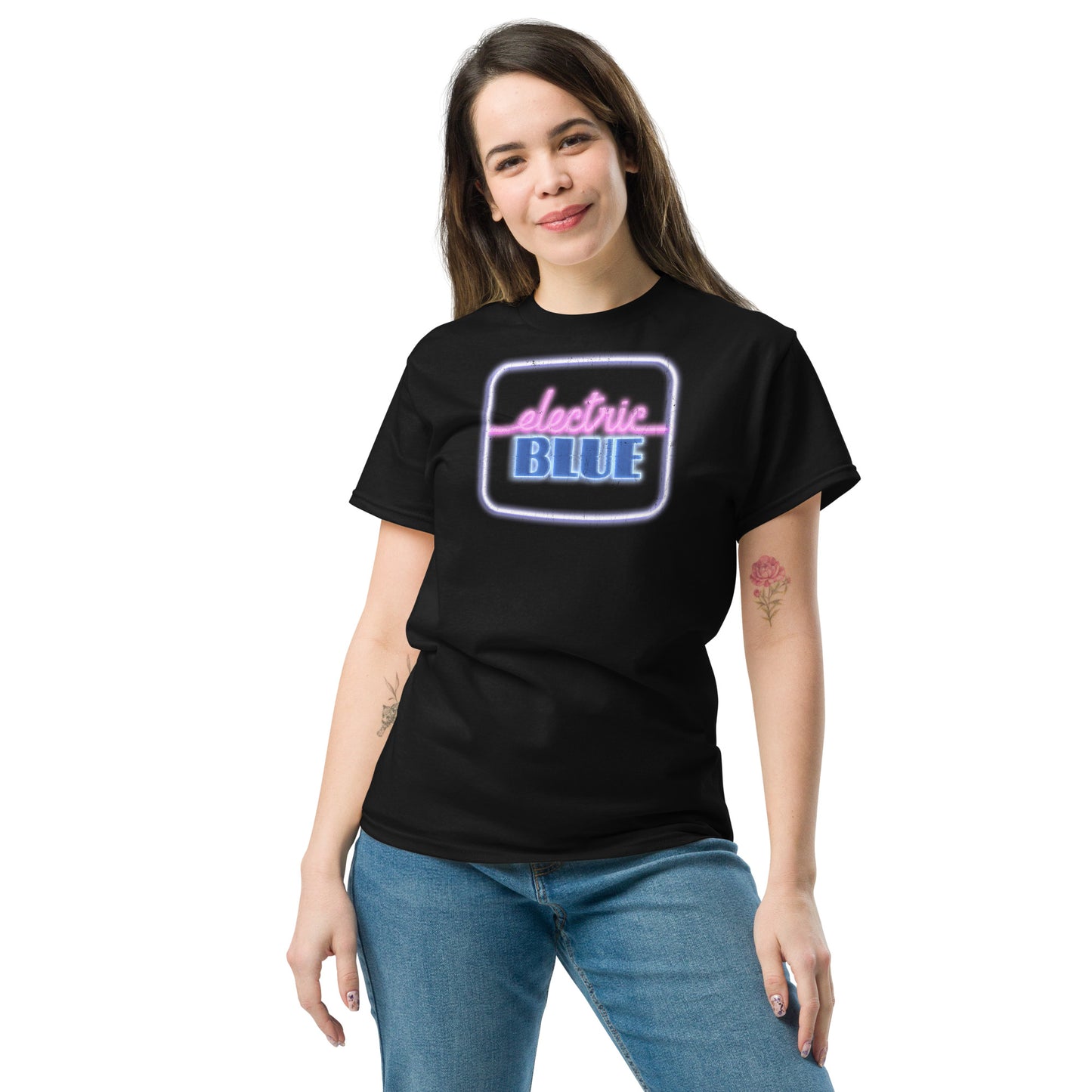 Electric Blue 1980s Vintage Neon Logo Distressed Unisex Classic Tee