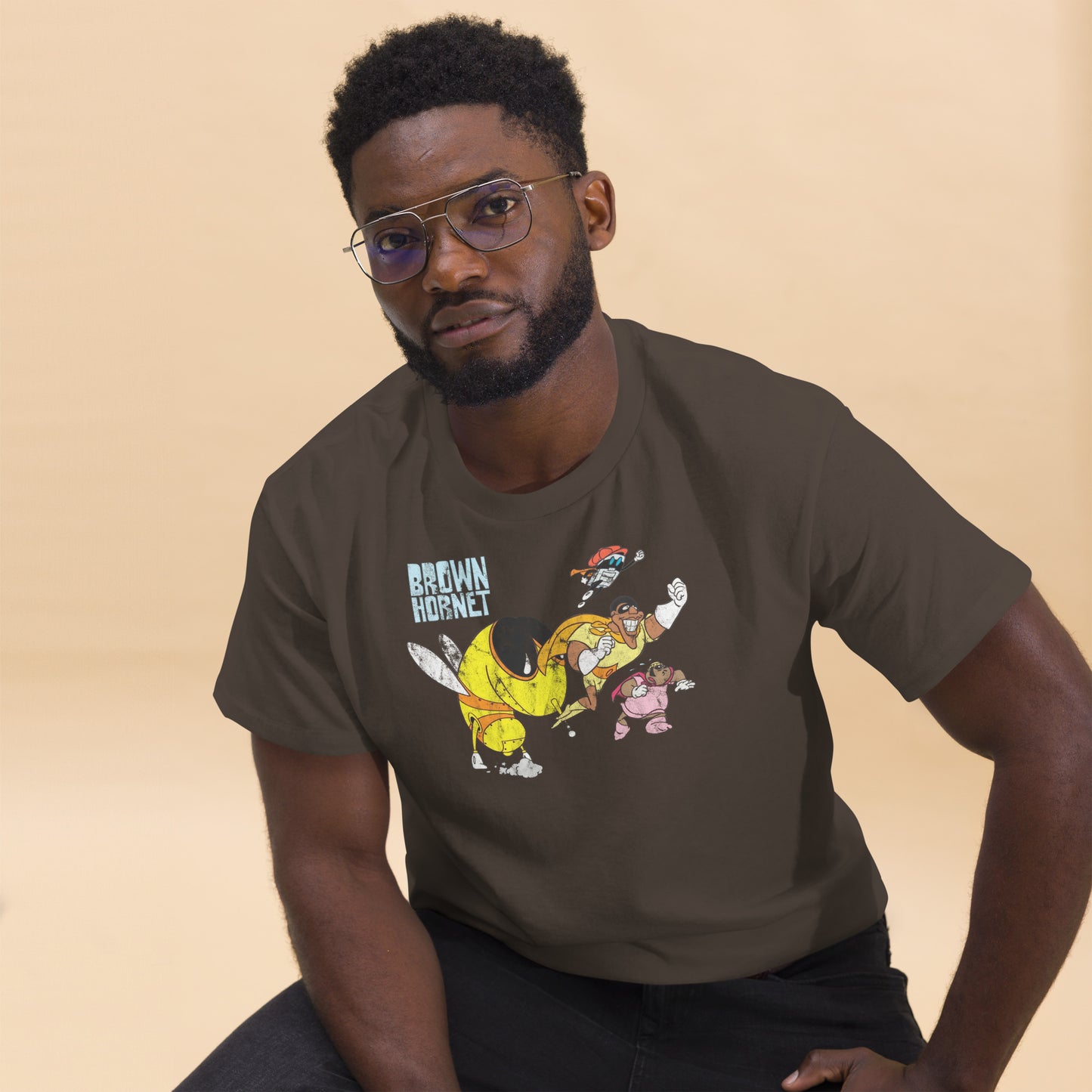Brown Hornet Distressed Vintage 1970s Cartoon Superhero Unisex Classic Tee