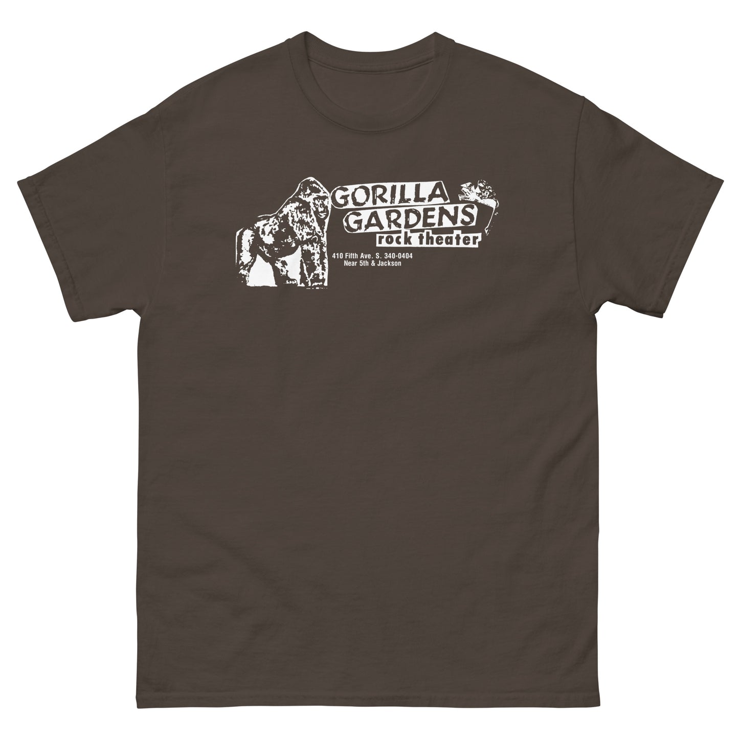 GORILLA GARDENS Seattle Grunge Venue T-Shirt | 90s Punk Rock Club History Jungle Theme Unisex Classic Tee