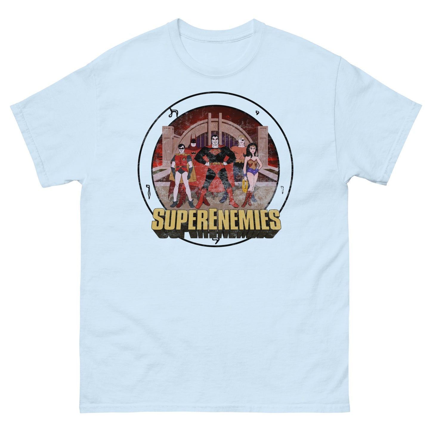 SUPER ENEMIES Mirror Universe Evil Superheroes | Vintage Distressed Cartoon Tee