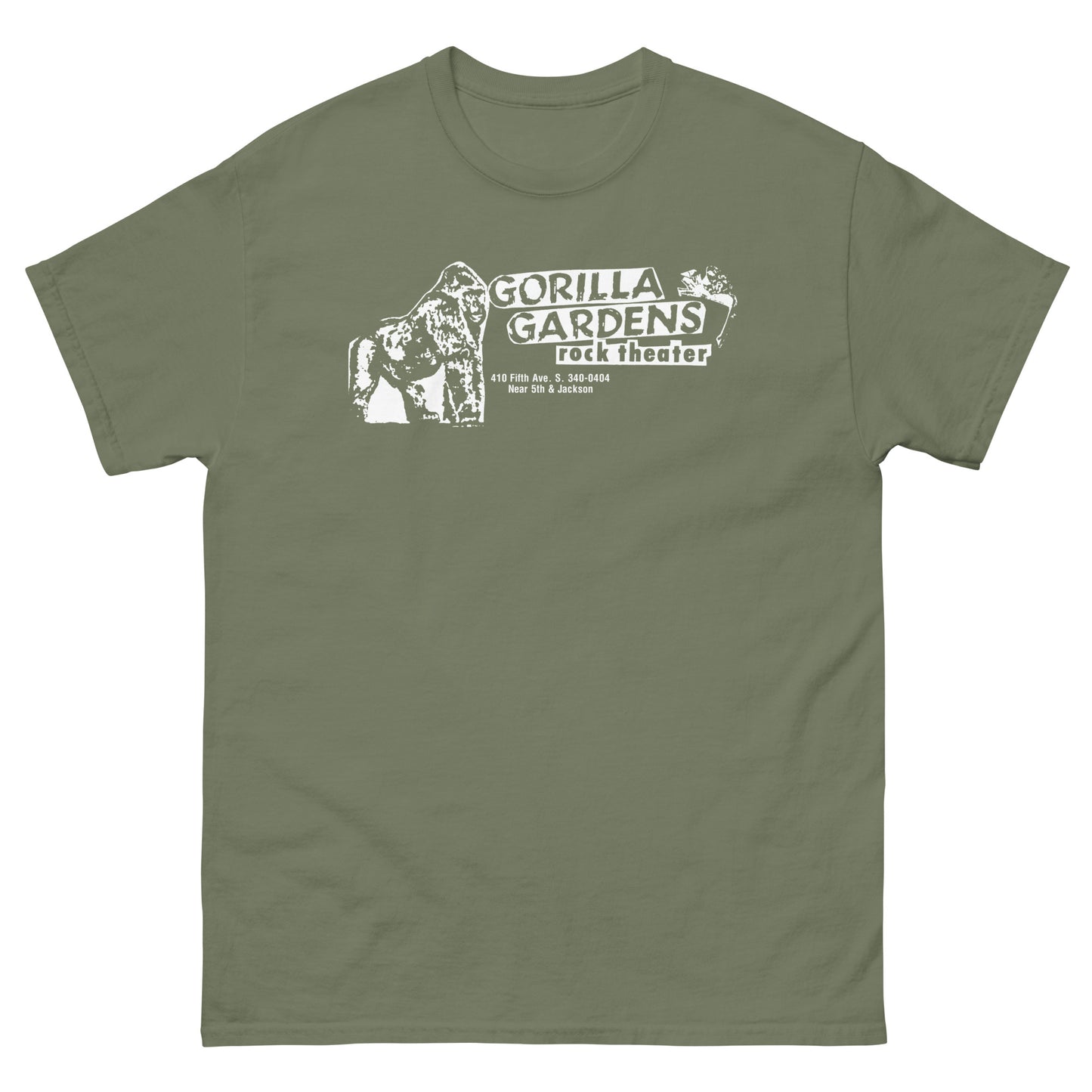 GORILLA GARDENS Seattle Grunge Venue T-Shirt | 90s Punk Rock Club History Jungle Theme Unisex Classic Tee
