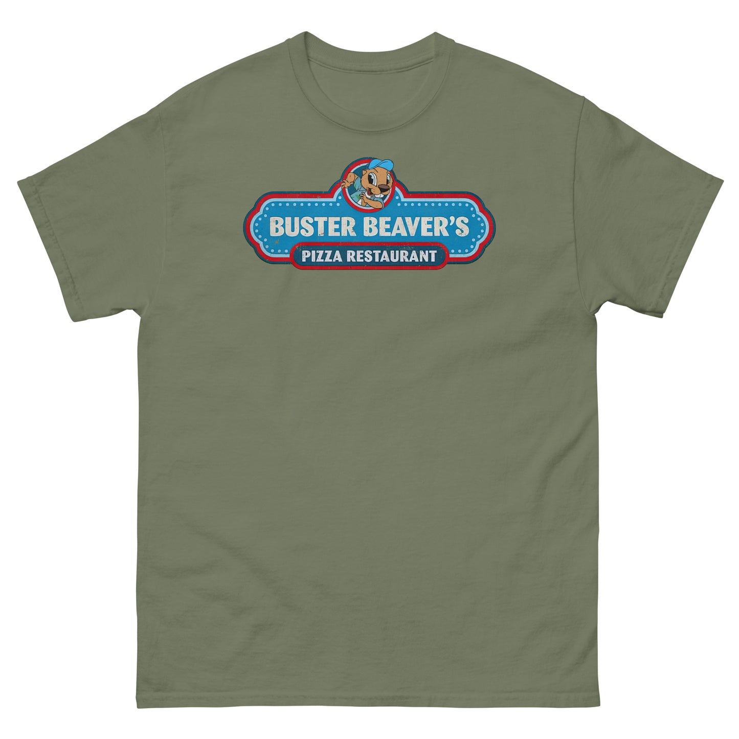 Buster Beaver’s Pizza Restaurant Parody Logo Distressed Unisex Classic Tee