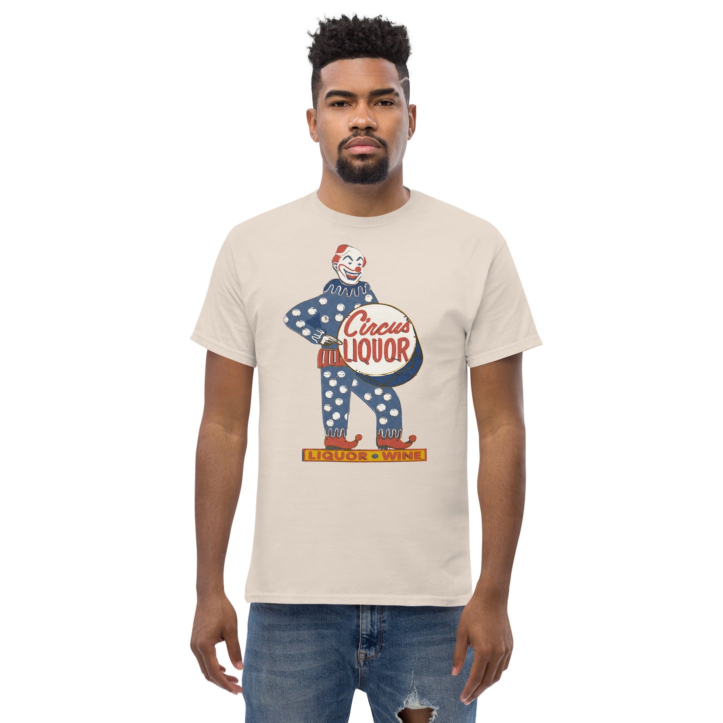 Neon Clown Liquor Sign Vintage Halftone T-Shirt | Retro Los Angeles LA Landmark Graphic Unisex Classic Tee