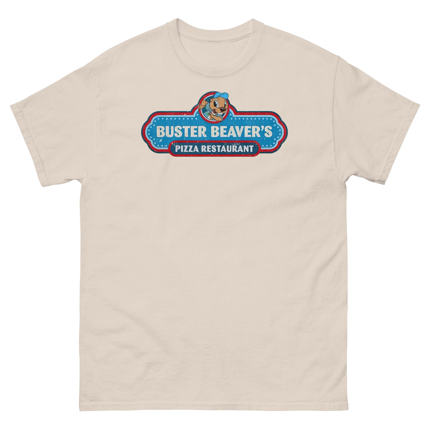 Buster Beaver’s Pizza Restaurant Parody Logo Distressed Unisex Classic Tee