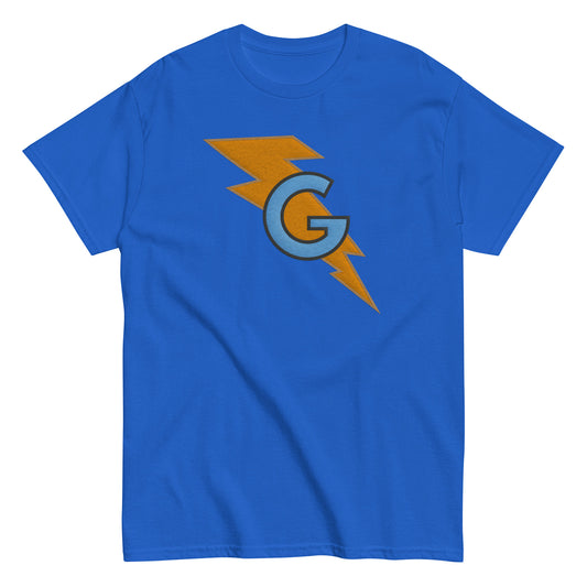 Furry Blue Monster Superhero Faux Felt Lightning Bolt G Logo Unisex Classic Tee