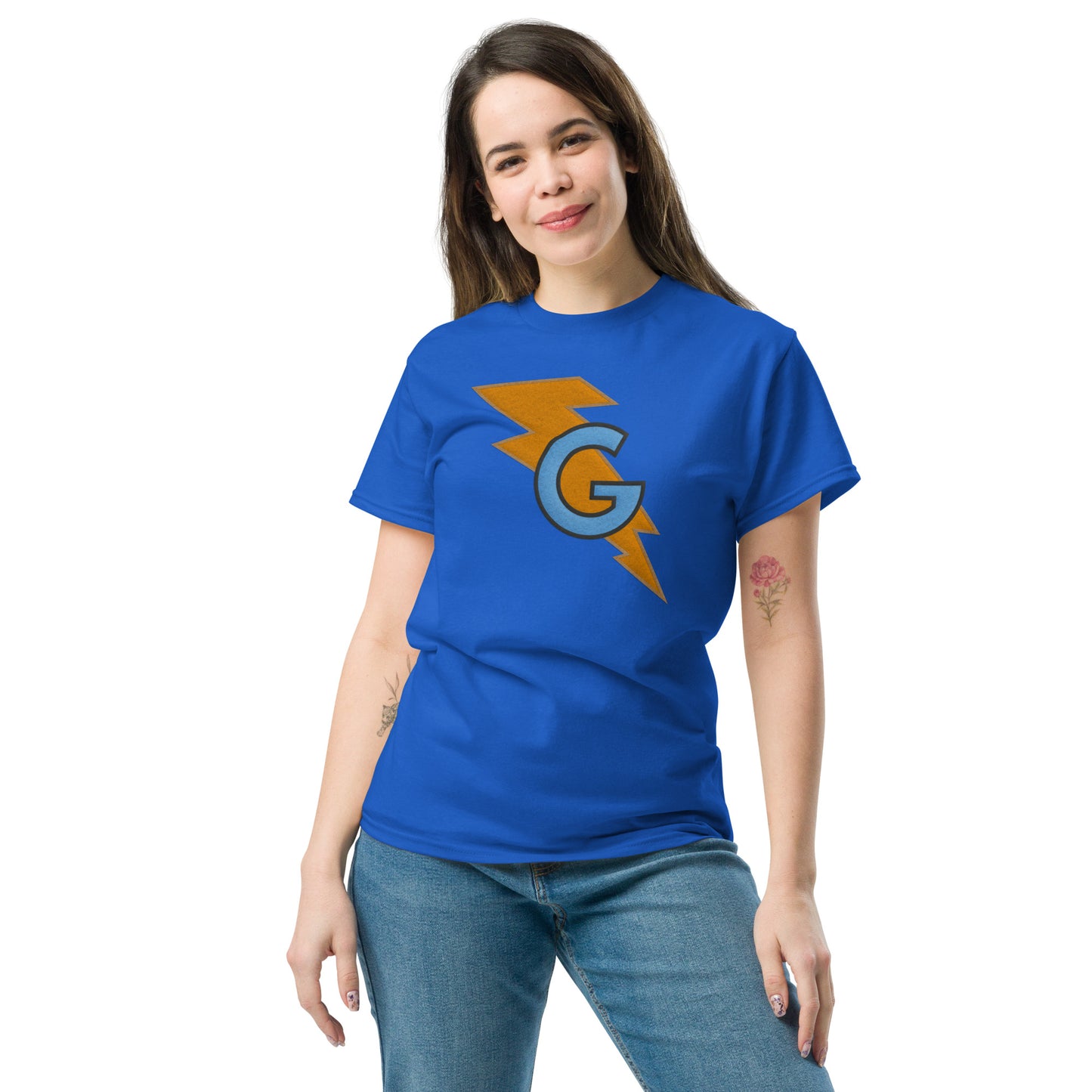 Furry Blue Monster Superhero Faux Felt Lightning Bolt G Logo Unisex Classic Tee