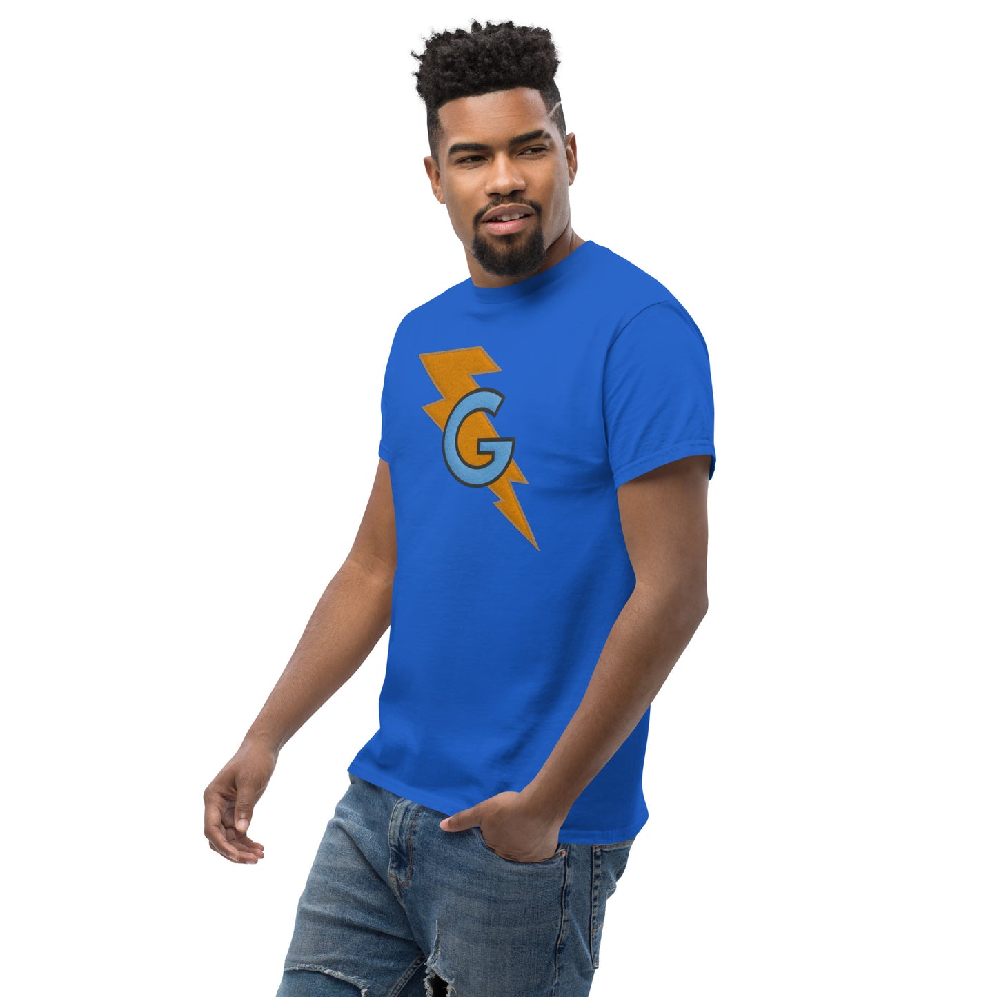 Furry Blue Monster Superhero Faux Felt Lightning Bolt G Logo Unisex Classic Tee