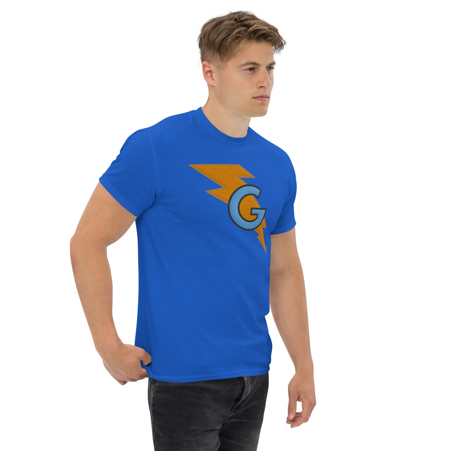 Furry Blue Monster Superhero Faux Felt Lightning Bolt G Logo Unisex Classic Tee