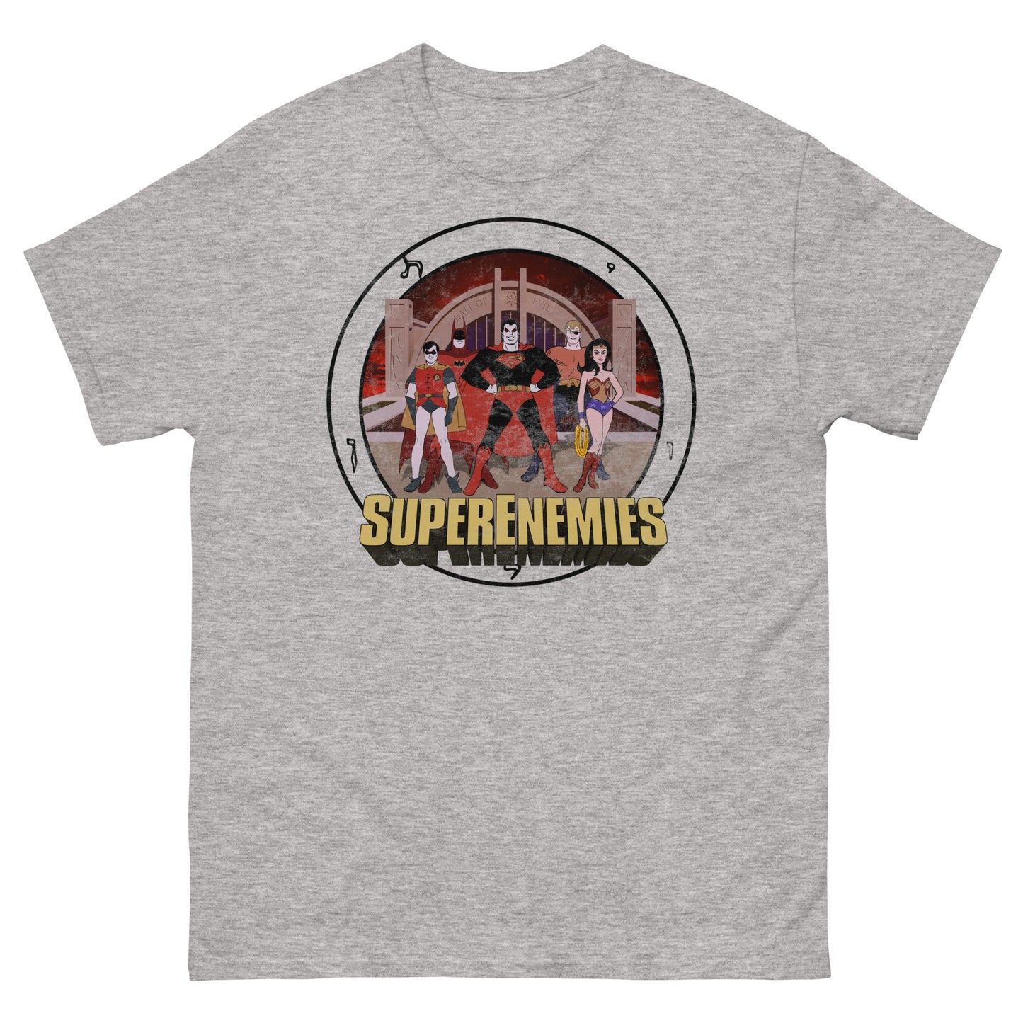 SUPER ENEMIES Mirror Universe Evil Superheroes | Vintage Distressed Cartoon Tee