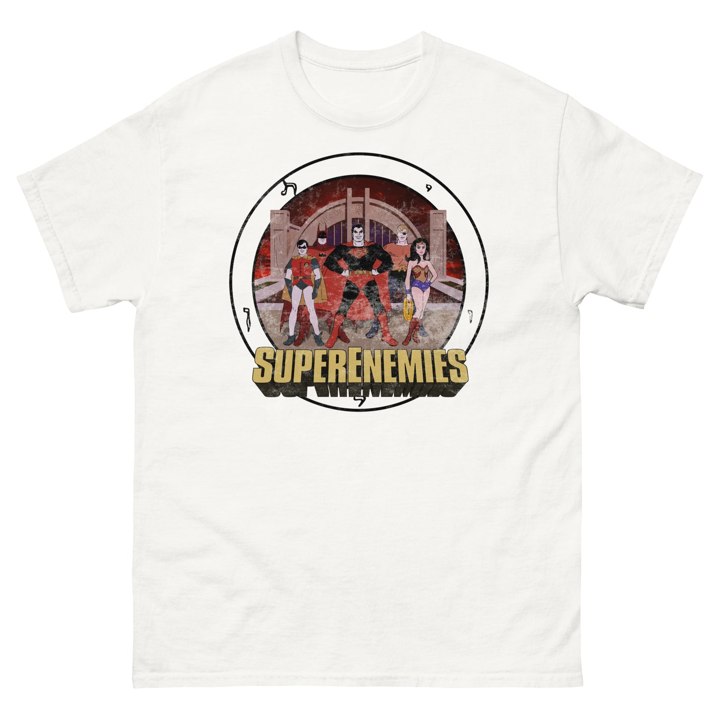SUPER ENEMIES Mirror Universe Evil Superheroes | Vintage Distressed Cartoon Tee