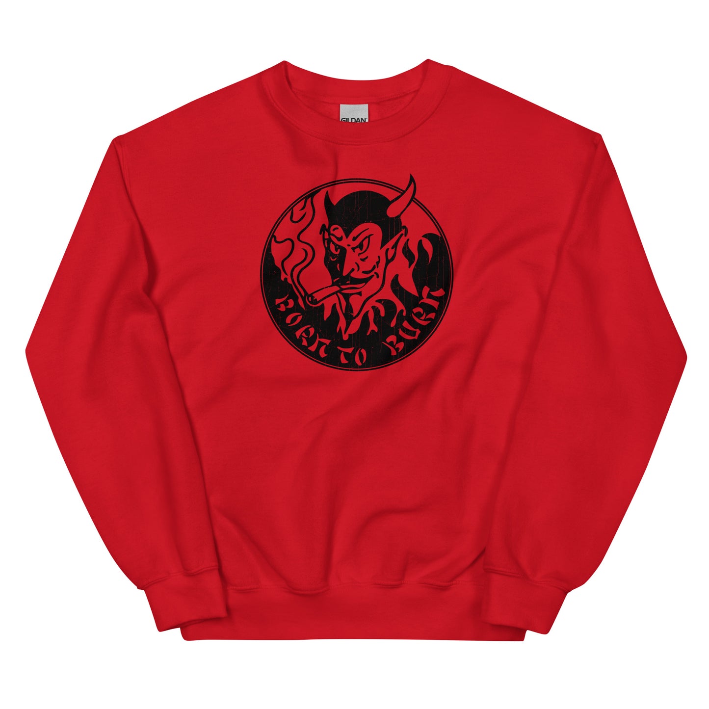 BORN TO BURN 80s Horror Devil Logo Stooge Cosplay Distressed Unisex Sweatshirt